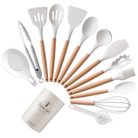 Light Edition Round Barrel with Wooden Handle Silicone Cookware 14 Piece Set Silicone Cookware Spatula Non-Stick Cookware Kitchen Household Tools